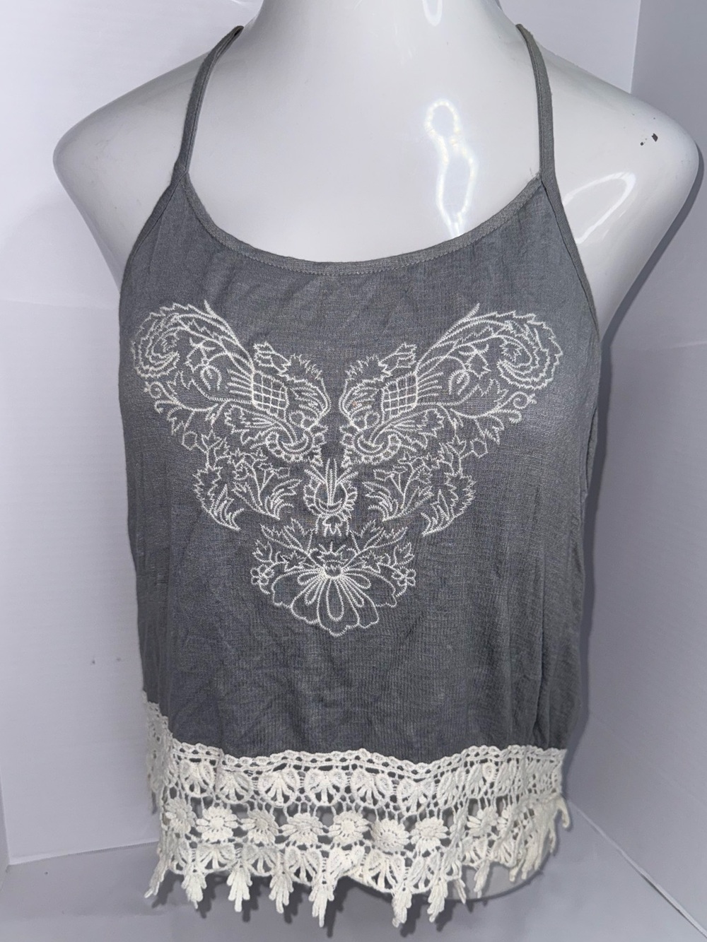 Full Tilt Gray Cami with White Embroidered Front & Crochet Hem